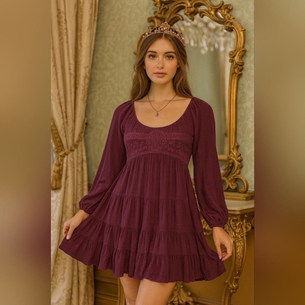 Embroidered Boysenberry Babydoll Tiered Dress M Swing Trapeze Knee Length